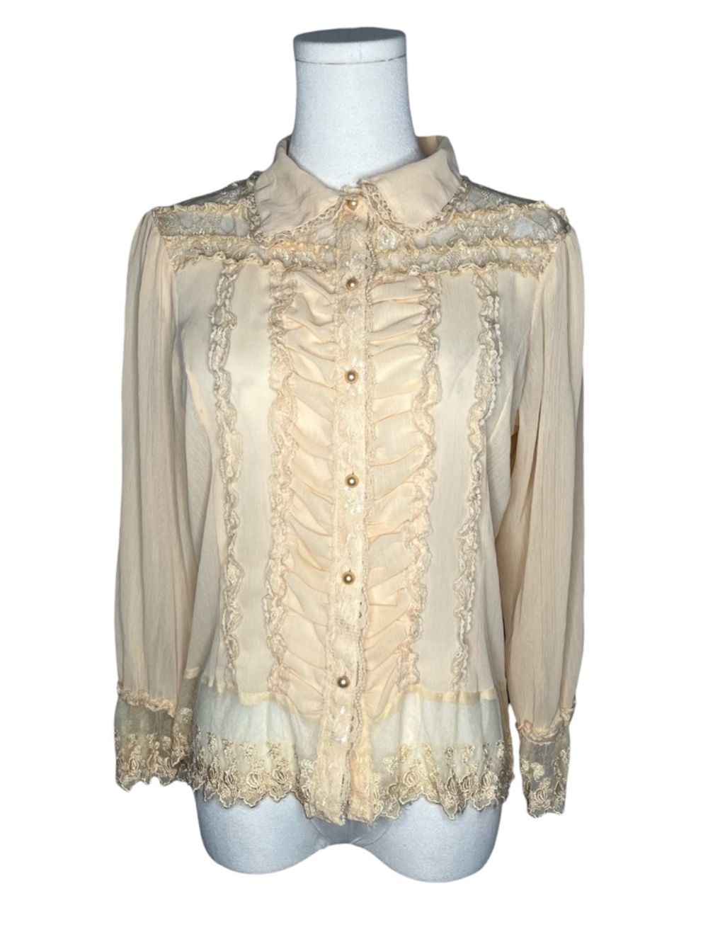 Y2K Vintage Cream Ruffle Lace Button Down Blouse Victorian Coquette Fairycore